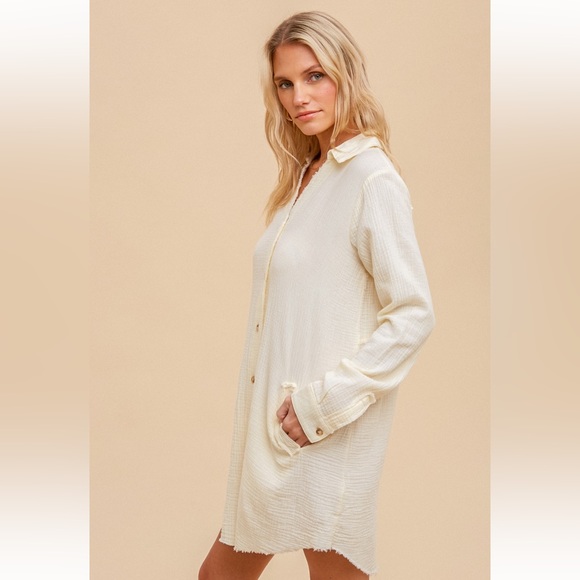 169. Cotton Dress Washed Textured Gauze Tunic Dress Cream/Pale Yellow NEW - Picture 5 of 6